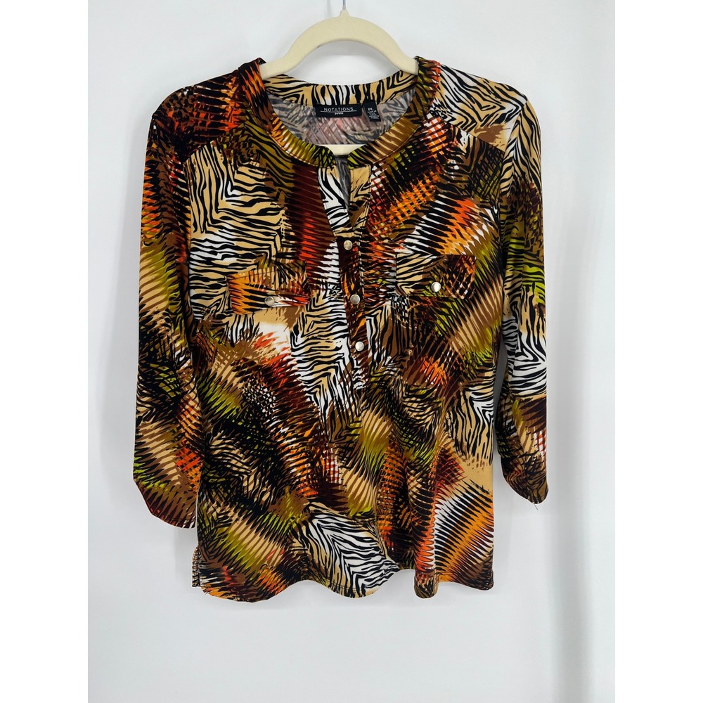 Notations Petite Animal Print Split Neck Blouse 3/4 Roll Tab Sleeve Brown PL